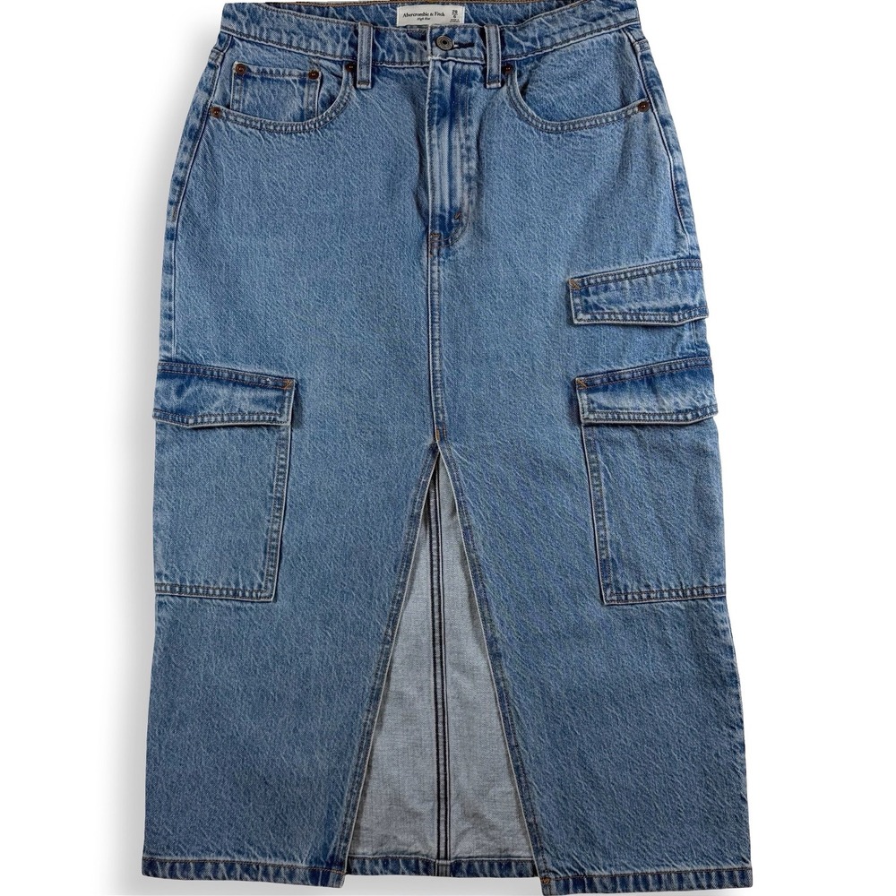 Abercrombie & Fitch High Rise Denim Cargo Midi Skirt Blue Slit Size 28 6